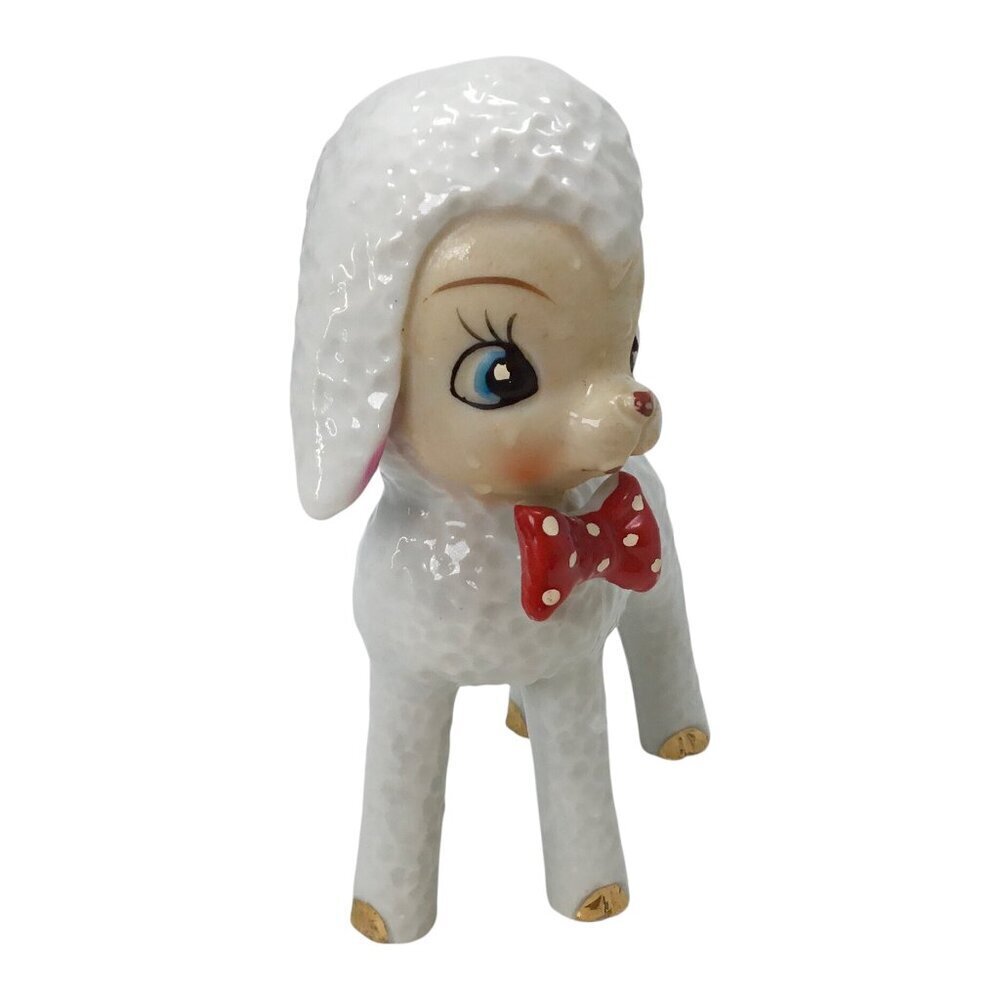 Vintage Athropomorphic White Lamb Red Bow Tie Figure Figurine Japan MCM 50s 60s - Picture 4 of 10